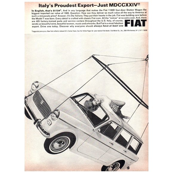 1965 Fiat 1100D Italy's Proudest Export Vintage Print Ad Sexy Girl on Roof Art - Picture 1 of 1